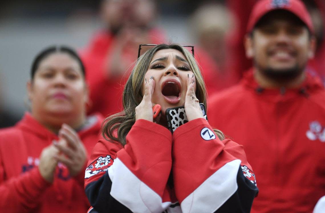 Fresno State fans cheer the team in play against Washington State at the Jimmy Kimmel LA Bowl Saturday, Dec. 17, 2022 in Inglewood, CA.