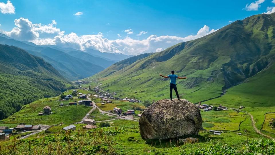 <div class="inline-image__caption"><p>Hiking above the village Ushguli, near the Shkhara Glacier in the Greater Caucasus Mountains in the Svaneti Region of Georgia.</p></div> <div class="inline-image__credit">Christopher Moswitzer/Getty Images</div>