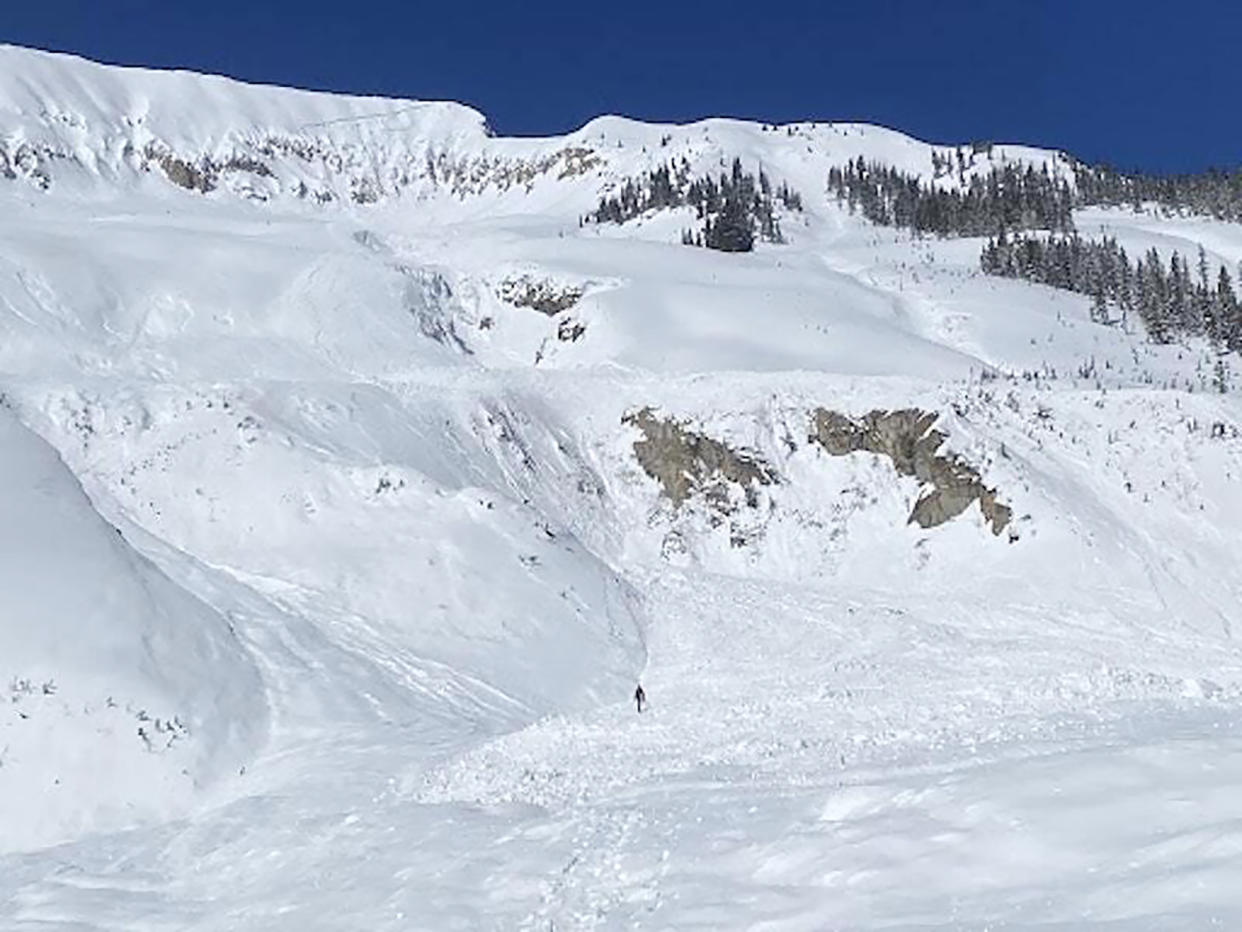 This photo provided by the Colorado Avalanche Information Center shows the aftermath of an avalanche on Saturday, March 18, 2023, near Marble, Colo. A Colorado skier has been killed and two other people were injured after getting caught in a massive backcountry avalanche in western Colorado. (Colorado Avalanche Information Center via AP)