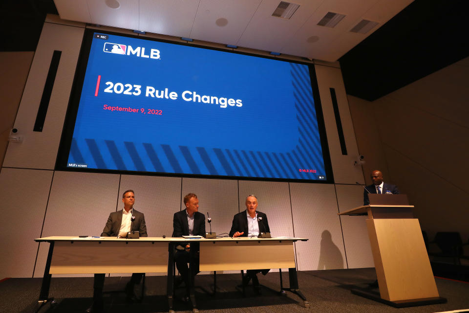 Major League Baseball Commissioner Rob Manfred speaks to the media during the MLB Rules Press Conference at MLB Headquarters on Friday, September 9, 2022 in New York. (Photo by Eve Kilsheimer/MLB Photos via Getty Images)