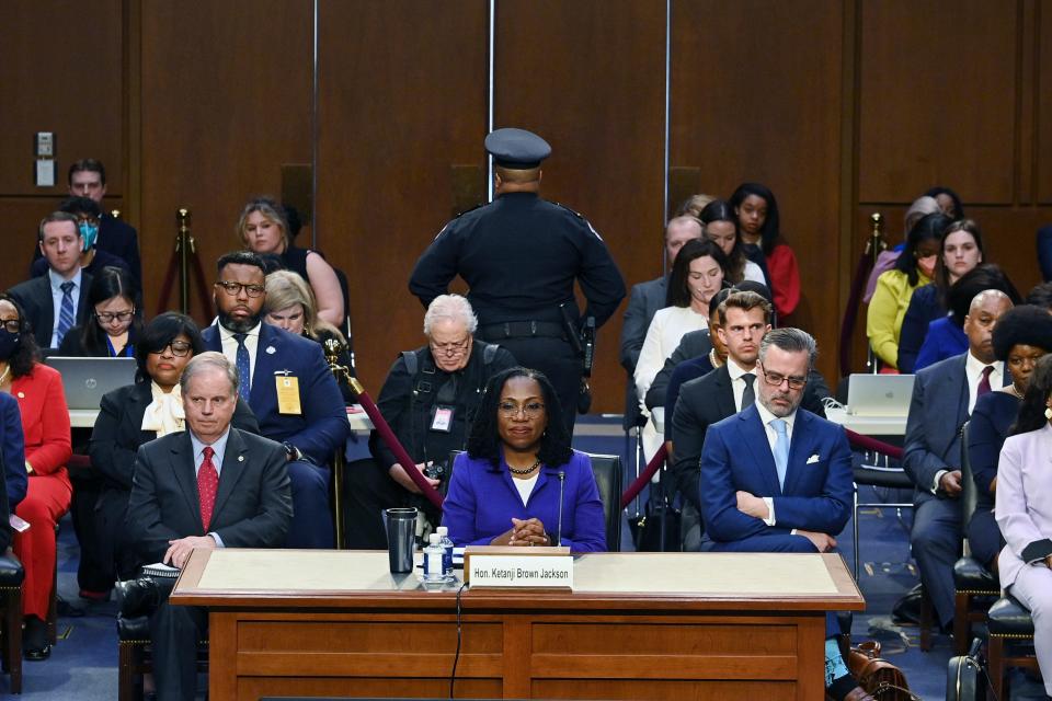 Supreme Court nominee Ketanji Brown Jackson listens to opening statements during her confirmation hearing before the Senate Judiciary Committee, Monday, March 21, 2022, in Washington.