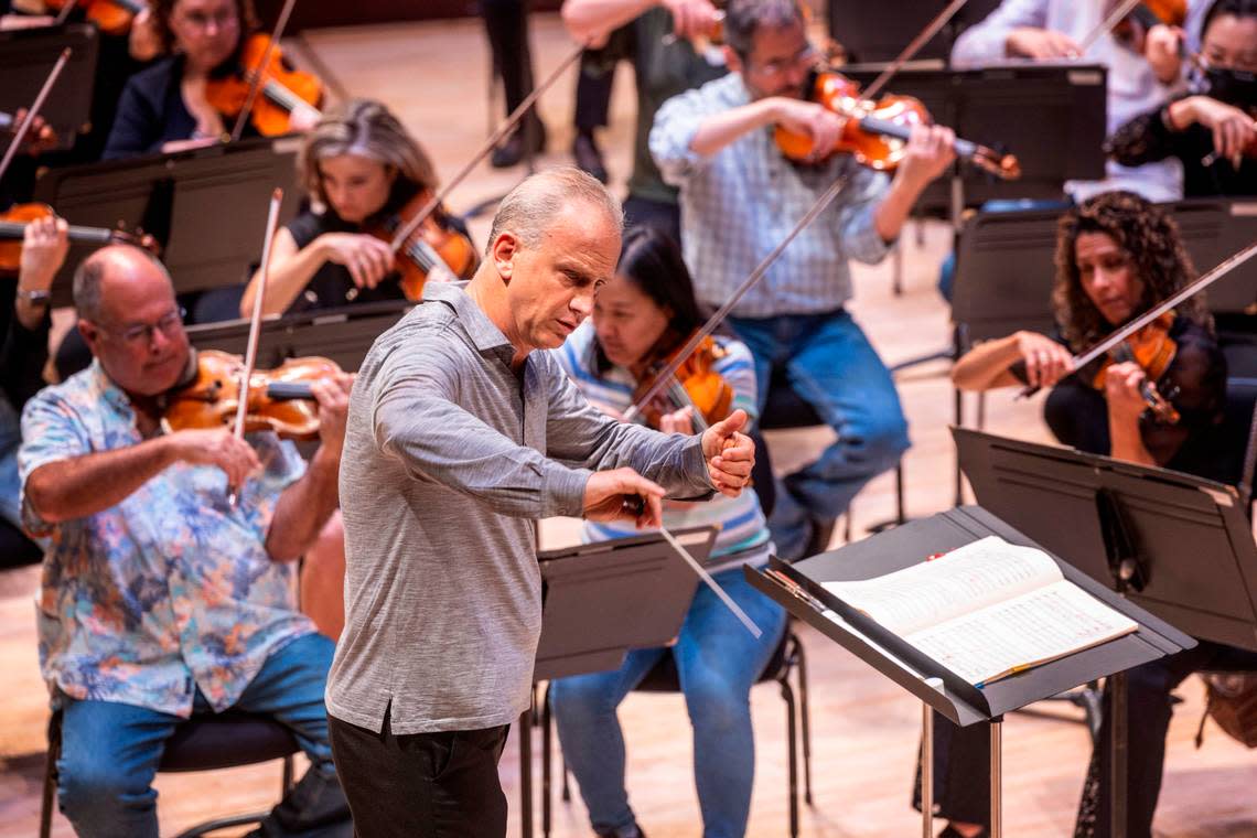 The newest North Carolina Symphony Music Director, Carlos Miguel Prieto, conducts a rehearsal Wednesday, Sept. 20. 2023 at Meymandi Concert Hall in Raleigh.