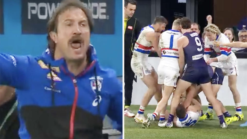 Western Bulldogs coach Luke Beveridge is pictured left imploring his players to get back in the game, while on the right Bulldogs players are seen wrestling with Fremantle rivals.