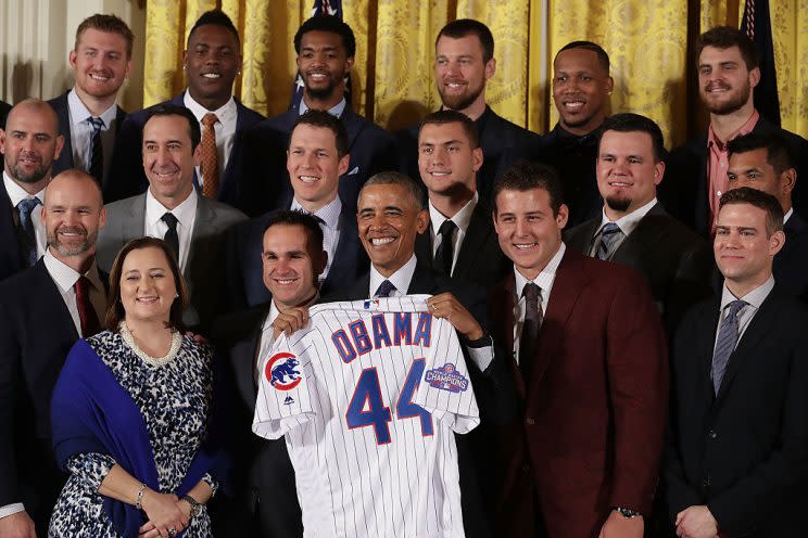 WASHINGTON, DC - JANUARY 16: U.S. President Barack Obama poses for photograph with the Major League Baseball World Series champion Chicago Cubs during a celebration in the East Room of the White House January 16, 2017 in Washington, DC. Obama made sure to celebrate the Cubs' victory at the White House during his last week in office because they are from his adopted home town of Chicago. (Photo by Chip Somodevilla/Getty Images)