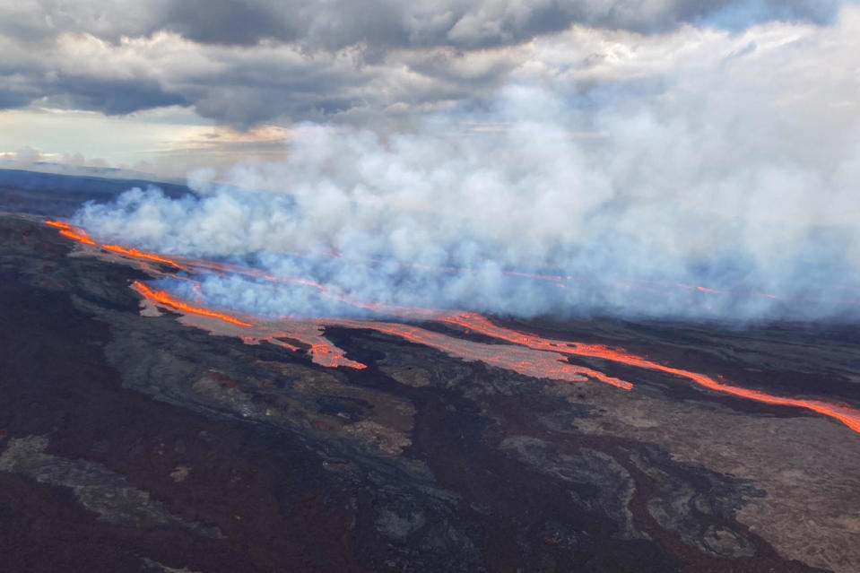 In this aerial photo released by the U.S. Geological Survey, the Mauna Loa volcano is seen erupting from vents on the Northeast Rift Zone on the Big Island of Hawaii, Nov. 28, 2022. / Credit: U.S. Geological Survey via AP