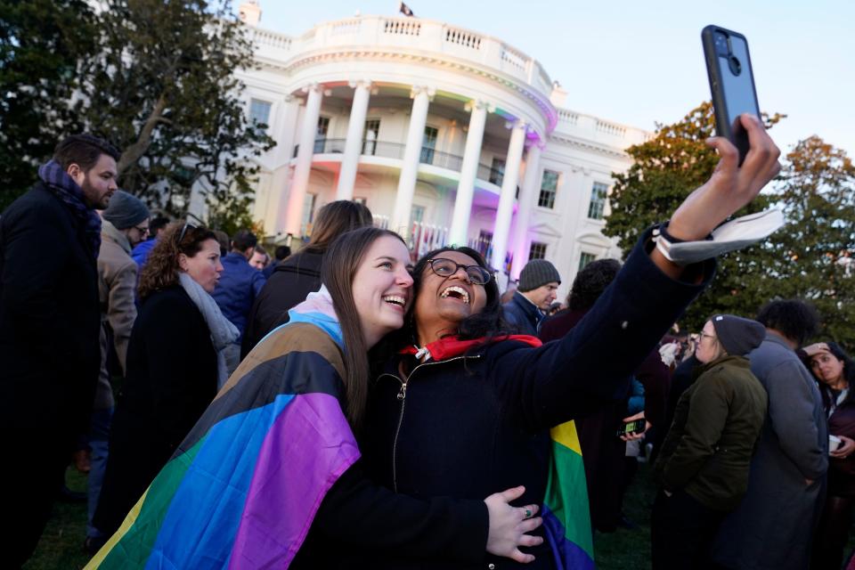 Aparna Shrivastava, right, and Shelby Teeter celebrate President Joe Biden signing the Respect for Marriage Act on Dec. 13, 2022.