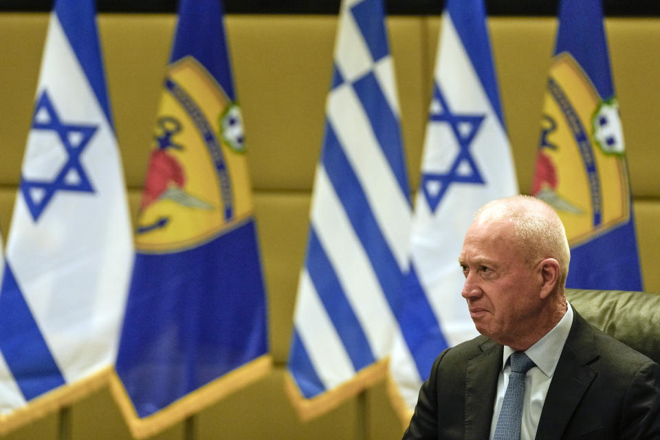 Israeli Defence Minister Yoav Galand attends a meeting with his Greek counterpart Nikos Panagiotopoulos, in Athens, Thursday, May 4, 2023. Galand is in Greece on an official visit. (AP Photo/Thanassis Stavrakis)