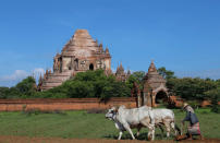 <p>A woman plows a field in front of the Sulamani Temple which was damaged during Wednesday’s strong earthquake in Bagan, Myanmar, Thursday, August 25, 2016. (AP Photo/Hkun Lat) </p>