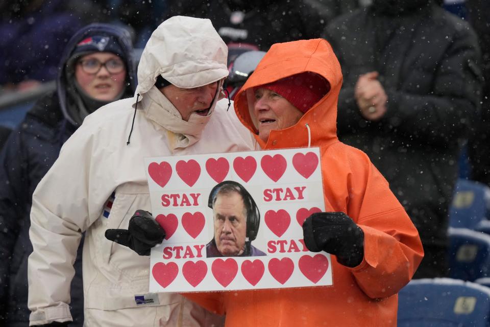 Fans show support for Patriots head coach Bill Belichick prior to Sunday's game at Gillette Stadium.