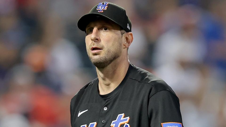 Jul 28, 2023; New York City, New York, USA; New York Mets starting pitcher Max Scherzer (21) reacts during the fifth inning against the Washington Nationals at Citi Field. Mandatory Credit: Brad Penner-USA TODAY Sports