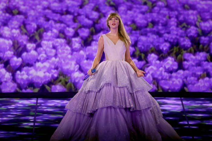 Taylor Swift in a purple gown for her "Speak Now" era during The Eras Tour