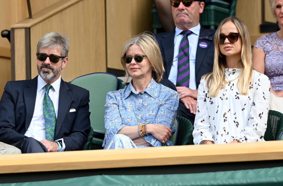 LONDON, ENGLAND - JULY 11: Timothy Taylor, Lady Helen Taylor and Amelia Windsor attend Wimbledon Championships Tennis Tournament at All England Lawn Tennis and Croquet Club on July 11, 2021 in London, England. (Photo by Karwai Tang/WireImage)