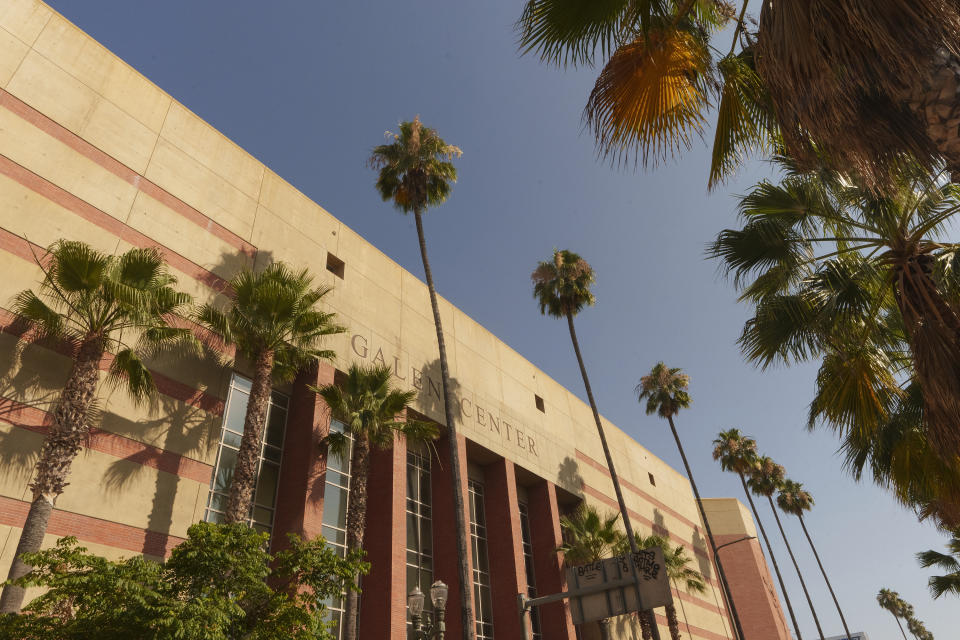 The Galen Center is seen on Tuesday, July 25, 2023, in Los Angeles. Bronny James, son of NBA superstar LeBron James, is hospitalized in stable condition a day after going into cardiac arrest while participating in a basketball practice at the University of Southern California. A family spokesman said USC medical staff treated the 18-year-old James on Monday at Galen Center and he was transported to a hospital. (AP Photo/Damian Dovarganes)