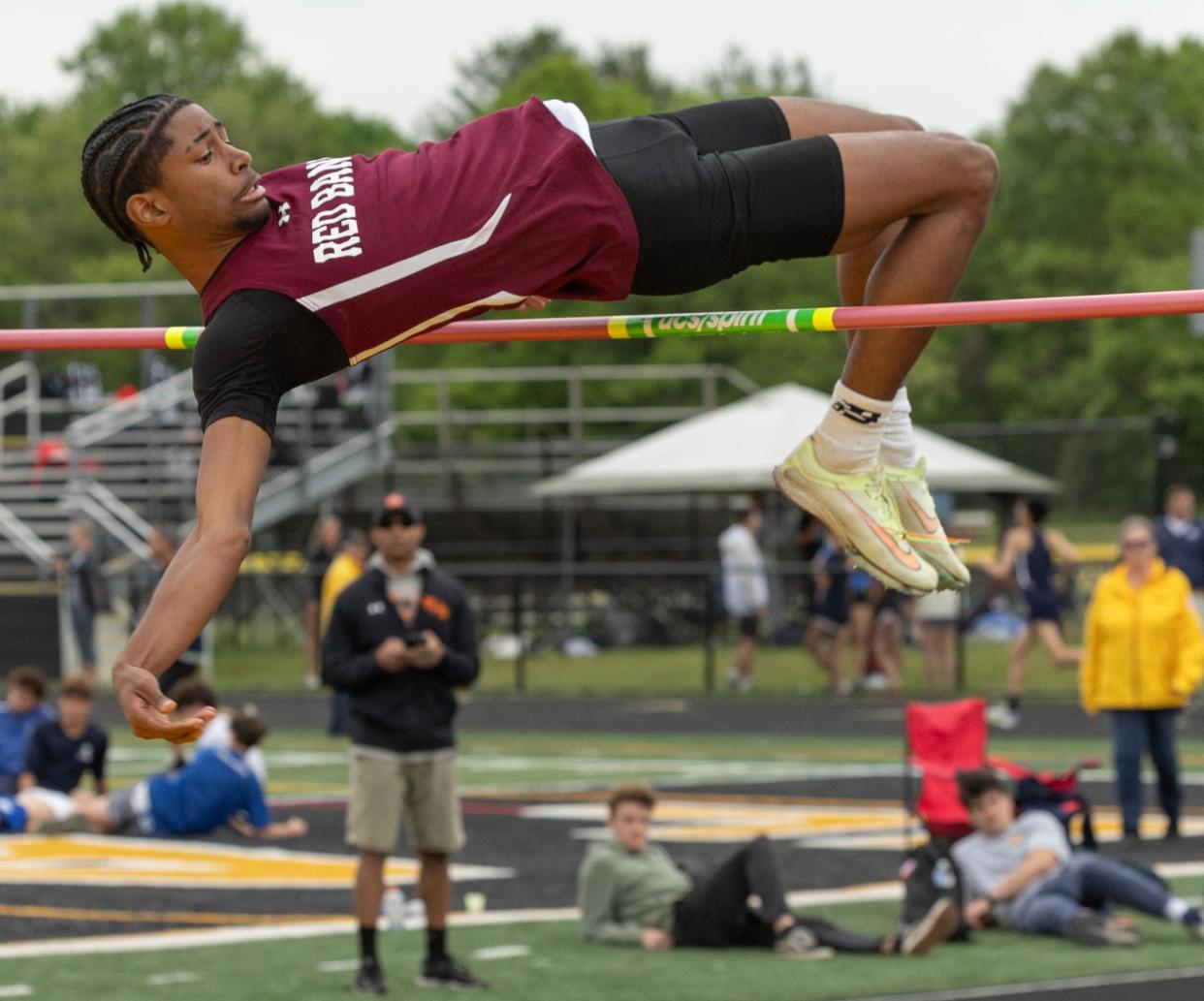 Red Bank’s Lawrence Hicks finished first in boys high jump. Monmouth County Track Championships at Monmouth Regional in Tinton Falls on May 9, 2024.