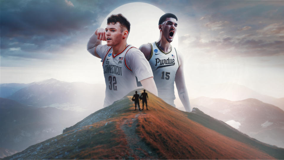 UConn's Donovan Clingan and Purdue's Zach Edey are two of the best centers in the college game, and they'll make for a tantalizing clash in Monday's NCAA title game. (Henry Russell/Yahoo Sports Illustration)
