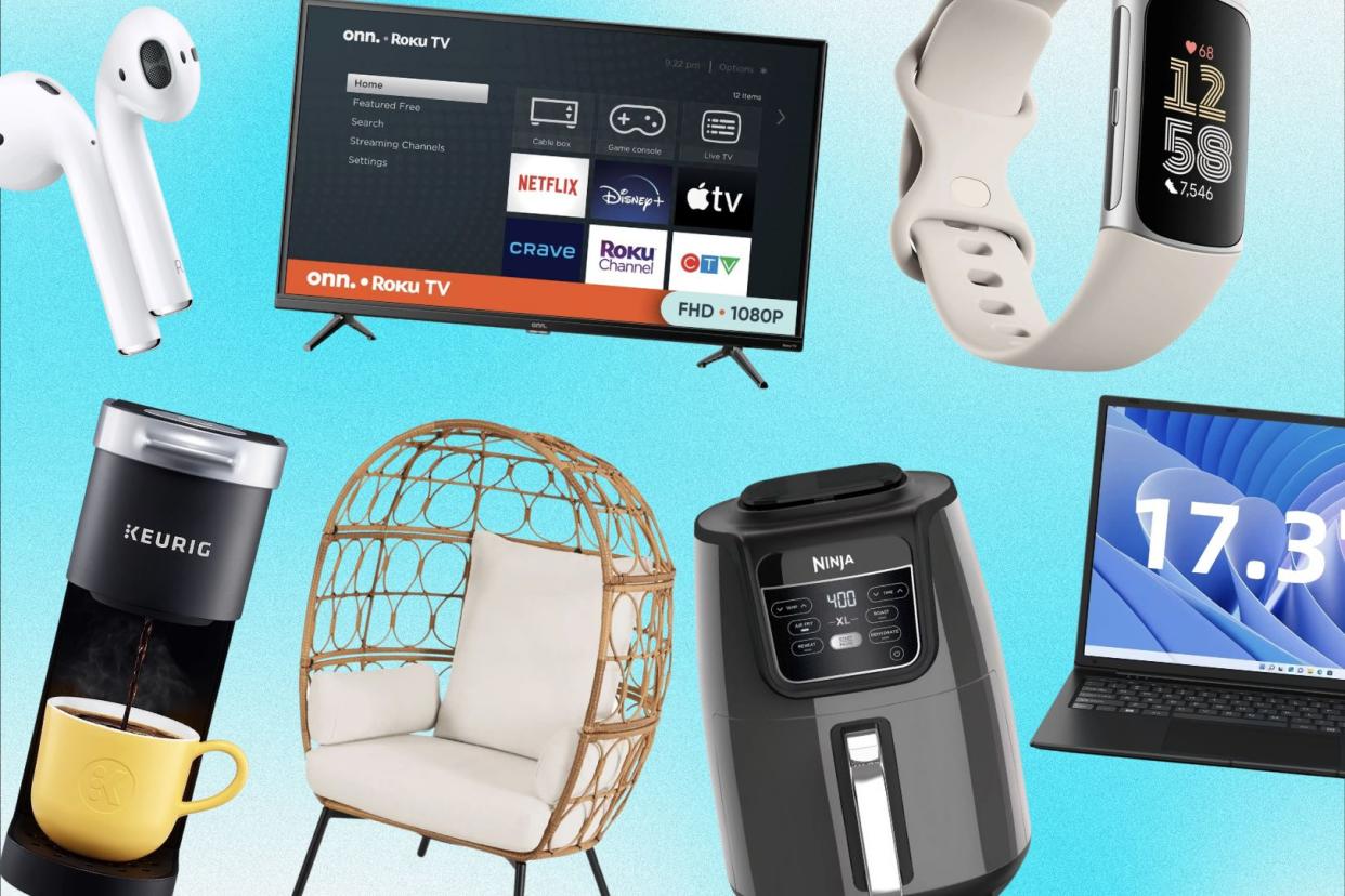 walmart airpods, tv, laptop, fitbit, ninja air fryer, egg chair and keurig coffee maker scattered on a page