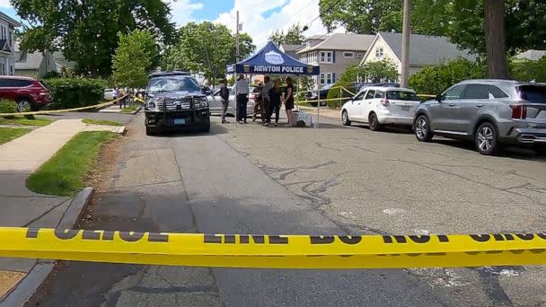 PHOTO: Police at the scene of a triple homicide in Newton, Mass., where three people were found stabbed and beaten to death inside a home on June 25, 2023. (WCVB)