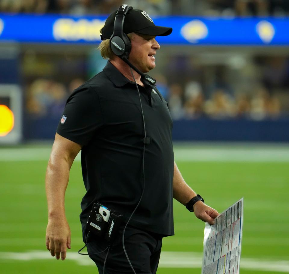 Jon Gruden posted a record of 117-112 (.511) over 15 seasons as a head coach, 60-57 over two stints with the Oakland/Las Vegas Raiders.