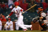 ST LOUIS, MO - OCTOBER 17: Shane Robinson #43 of the St. Louis Cardinals grounds out to second as David Freese #23 scores in the seventh inning while taking on the San Francisco Giants in Game Three of the National League Championship Series at Busch Stadium on October 17, 2012 in St Louis, Missouri. (Photo by Elsa/Getty Images)