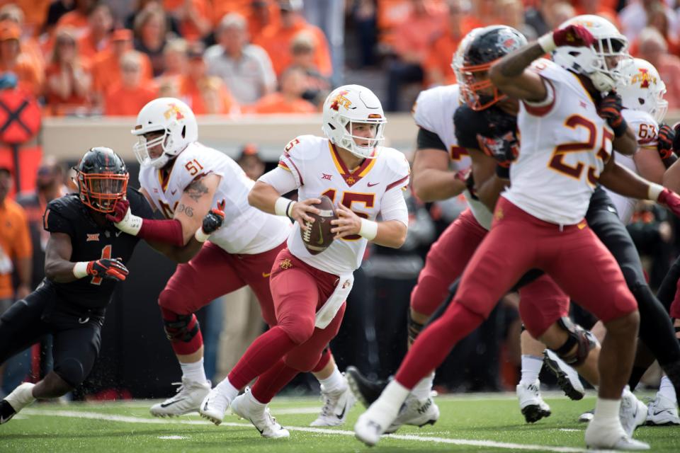 Iowa State quarterback Brock Purdy scrambles at Oklahoma State during the first quarter, Oct. 6, 2018.