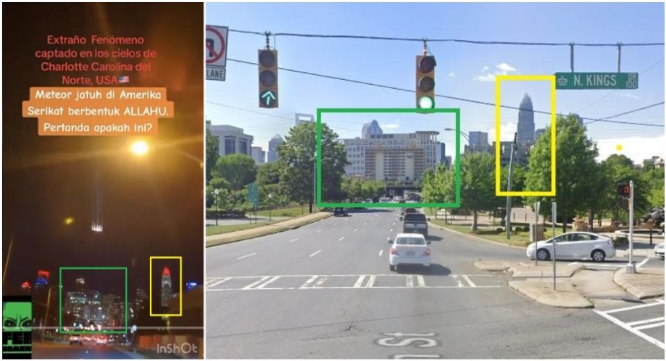 <span>Screenshot comparison between the falsely shared video (left) and Google Street View imagery (right)</span>