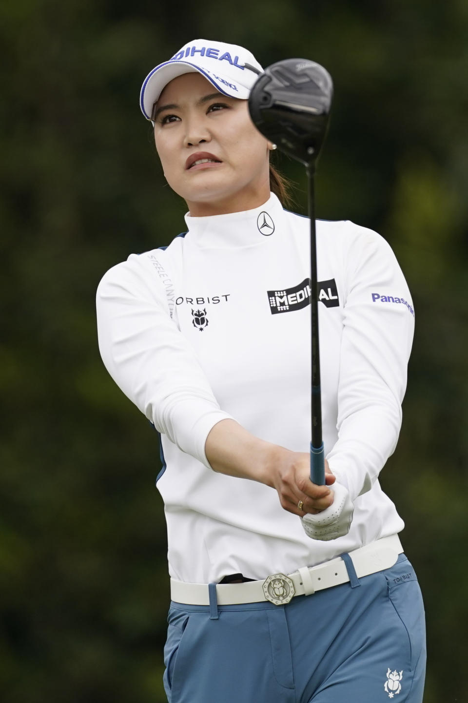 So Yeon Ryu reacts to her shot at the second tee during the final round of the LPGA's Hugel-Air Premia LA Open golf tournament at Wilshire Country Club Saturday, April 24, 2021, in Los Angeles. (AP Photo/Ashley Landis)