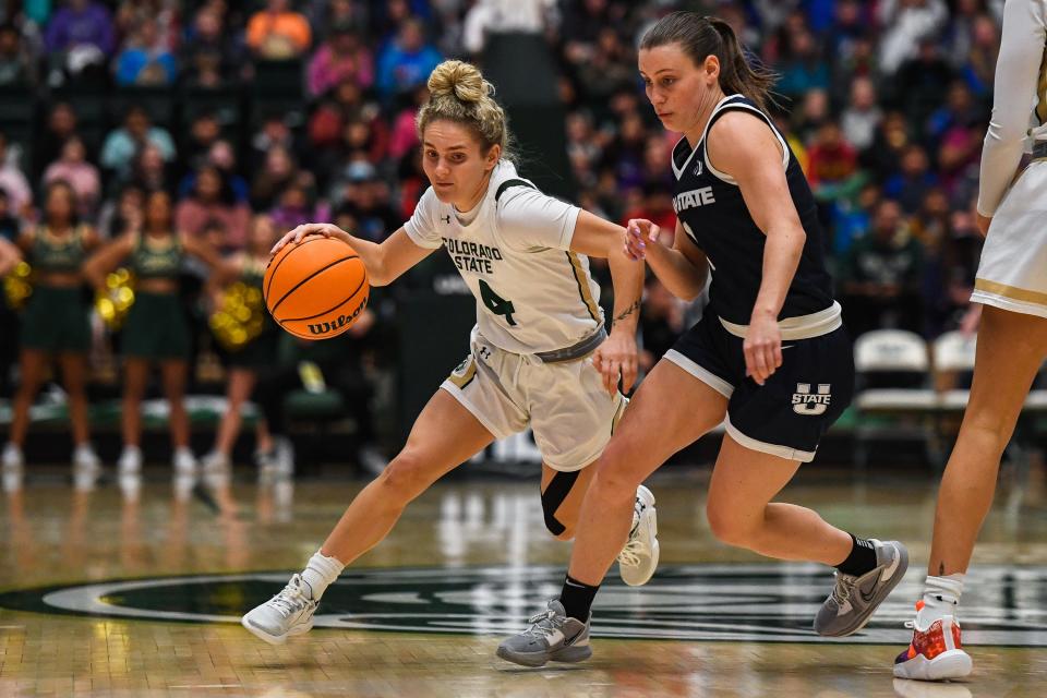 Colorado State's McKenna Hofschild (4) drives with the ball in a women's college basketball game against Utah State at Moby Arena on Thursday, Feb. 2, 2023, in Fort Collins, Colo.