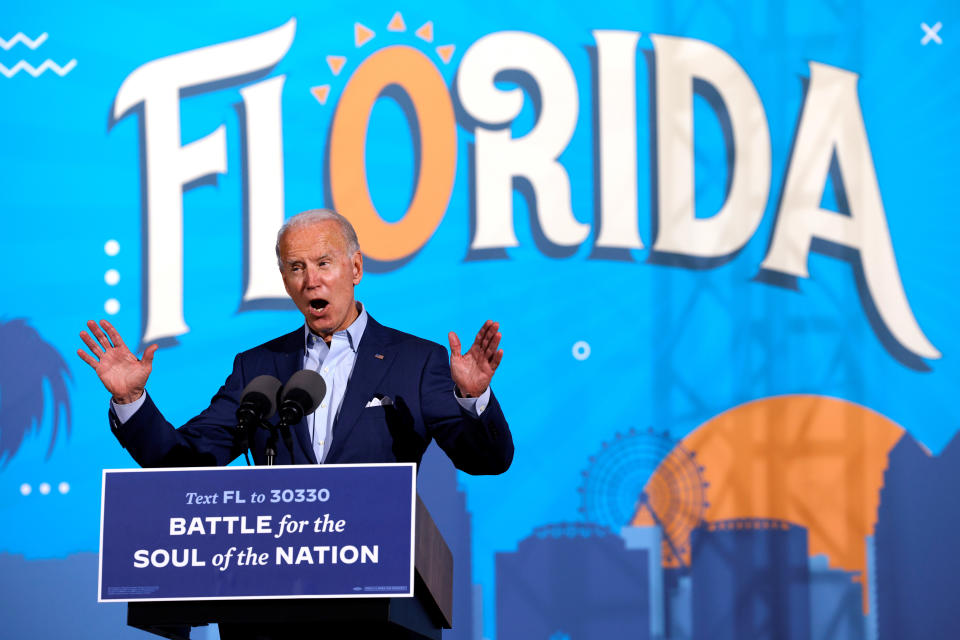 Joe Biden speaks during a drive-in, Get Out the Vote campaign stop in Tampa, Florida, U.S., October 29, 2020. (Brian Snyder/Reuters)