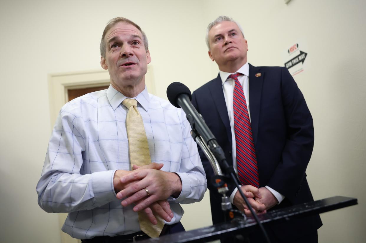 House Judiciary Committee Chairman Jim Jordan, R-Ohio, (L) and House Oversight and Accountability Committee Chairman James Comer, R-Ky., speaks to the media in the Rayburn House Office Building on December 13, 2023 in Washington, DC.