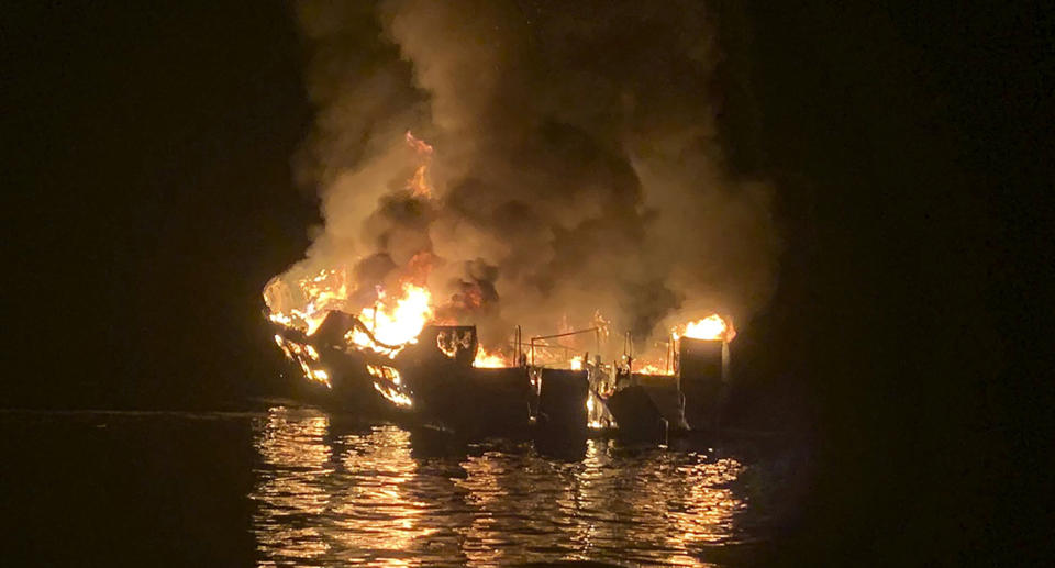 A dive boat is engulfed in flames after a deadly fire broke out off the Southern California coast.