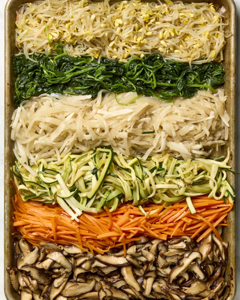 bimbimbap ingredients on sheet tray