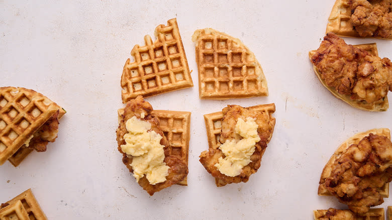 chicken with maple butter on waffle