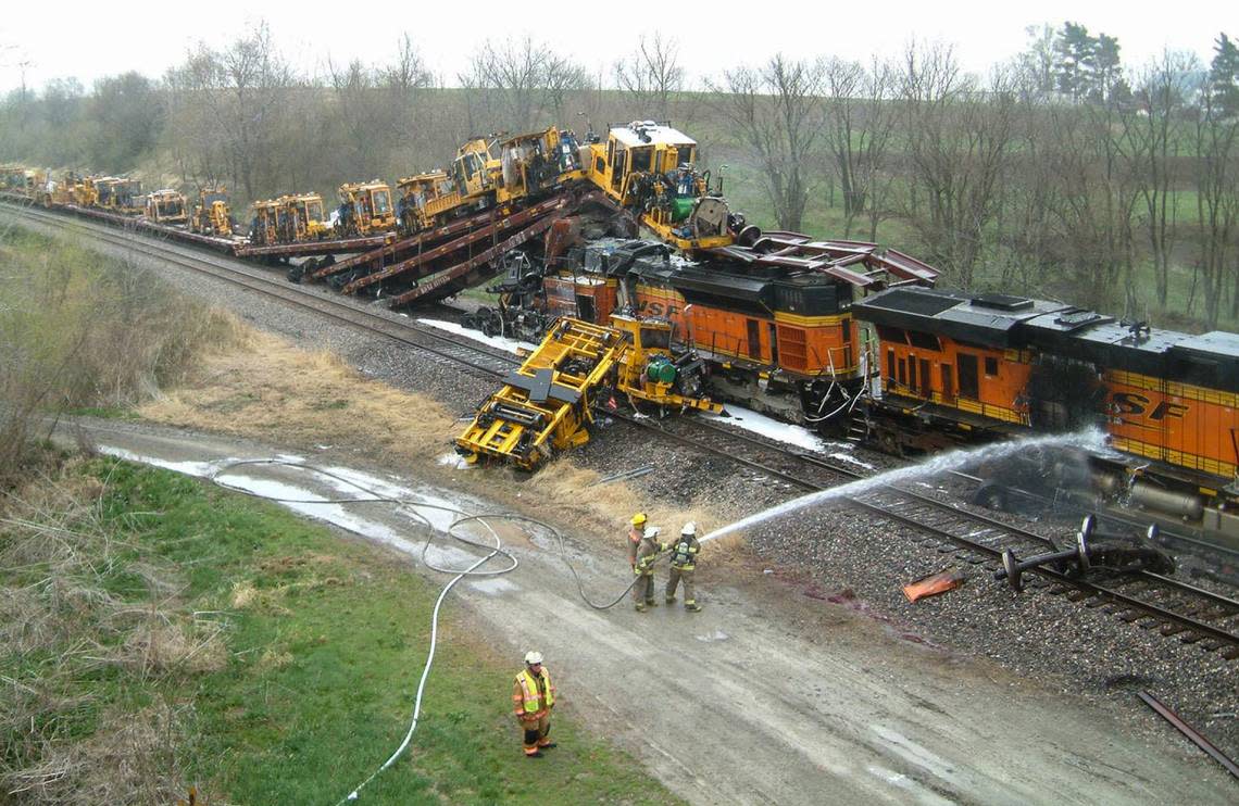 This image shows the destruction caused by the April 2011 collision of two BNSF trains in Red Oak, Iowa. The National Transportation Safety Board concluded the crew of a coal train had fallen asleep “due to fatigue resulting from their irregular work schedules and their medical conditions.” Over the course of numerous crash investigations, the safety board has made multiple recommendations to manage crew fatigue on America’s railroads.