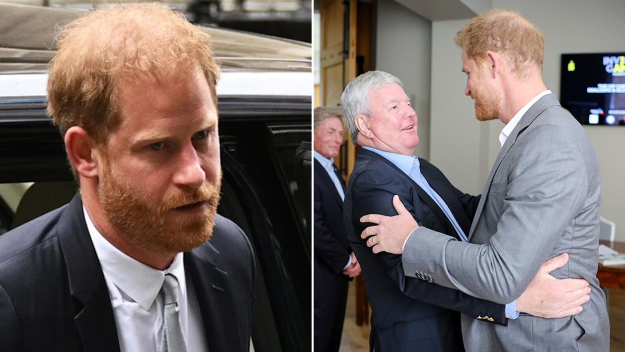 Split image of Prince Harry getting out a car and hugging Sir Keith Mills