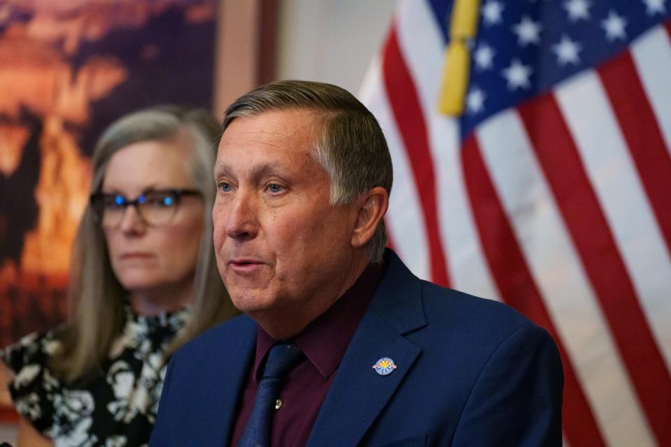 Arizona Department of Water Resources director, Tom Buschatzke speaks to the press during the governor's weekly news conference at the State Capitol on June 1, 2023 in Phoenix.