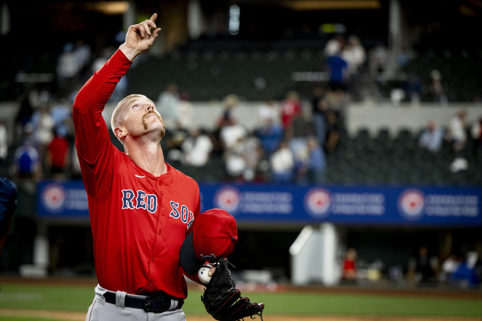 ARLINGTON, TEXAS - MARCH 25: Cam Booser #71 of the Boston Red Sox reacts after an exhibition game against the Texas Rangers at Globe Life Field on March 25, 2024 in Arlington, Texas. (Photo by Maddie Malhotra/Boston Red Sox/Getty Images)