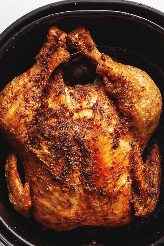 <p>The best use of your air fryer is making this rotisserie style air fryer whole chicken. The meat is juicy and the skin is extra crispy…you are going to love how easy it is!</p><p><strong>Get the recipe: <a href="https://jenniferbanz.com/air-fryer-whole-chicken" rel="nofollow noopener" target="_blank" data-ylk="slk:Air Fryer Whole Chicken;elm:context_link;itc:0;sec:content-canvas" class="link rapid-noclick-resp">Air Fryer Whole Chicken</a></strong></p>