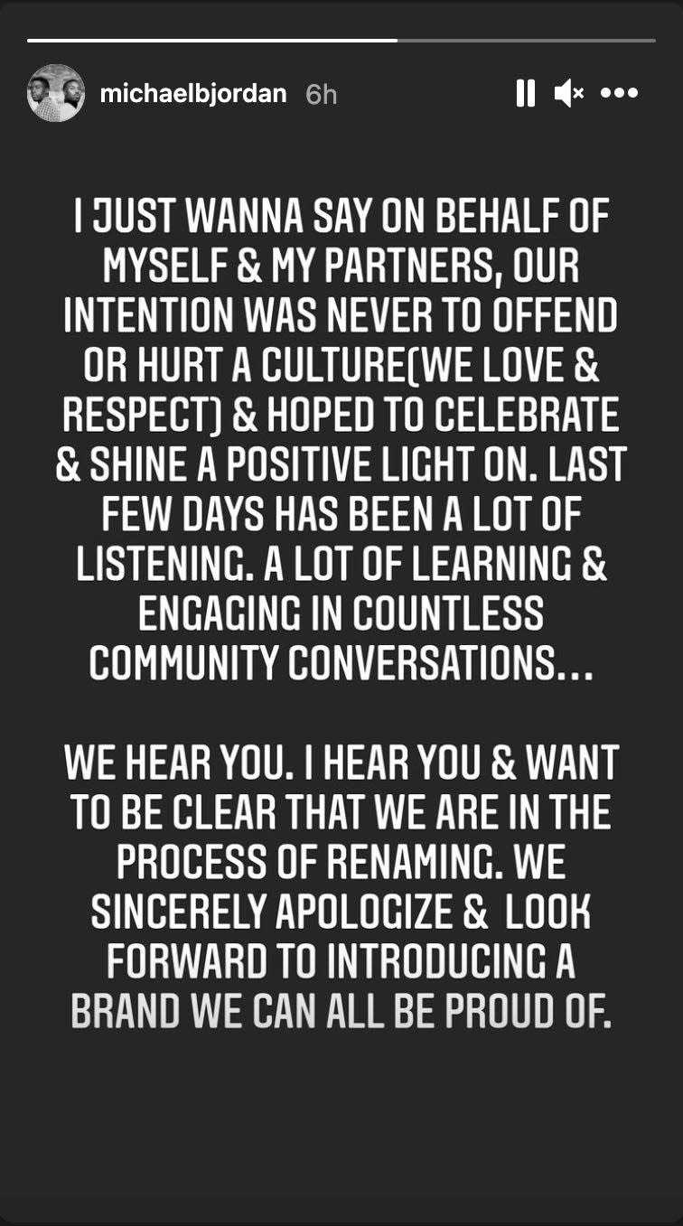 A screenshot of Michael B. Jordan's Instagram apology.