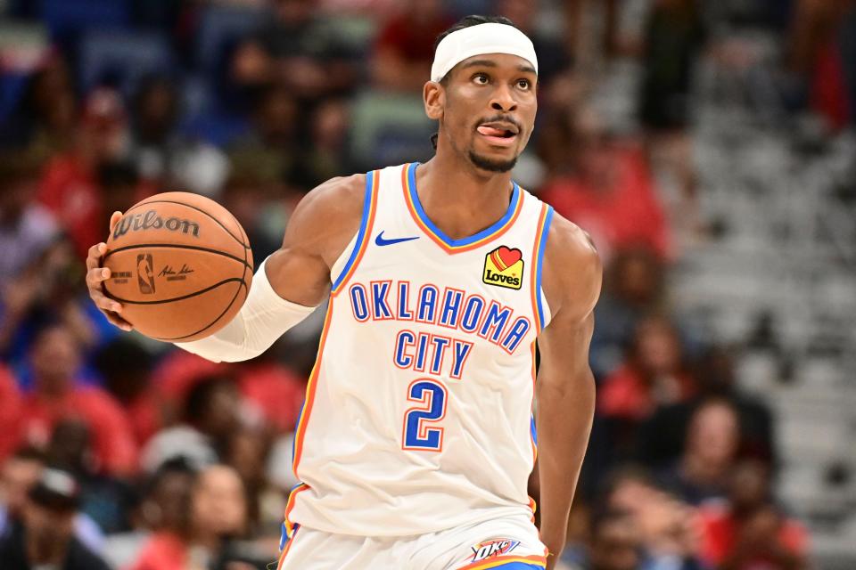 Thunder guard Shai Gilgeous-Alexander (2) handles the ball against the Pelicans during the fourth quarter of Game 3 of their first-round NBA playoff series at Smoothie King Center in New Orleans on April 27, 2024.