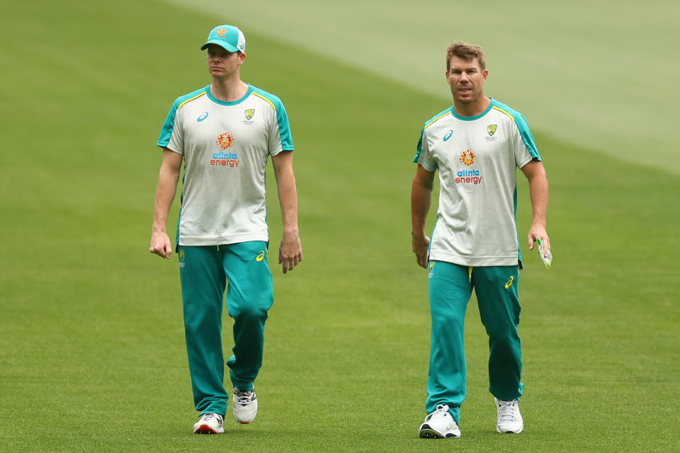 Steve Smith and David Warner, pictured here at an Aussie cricket training session.