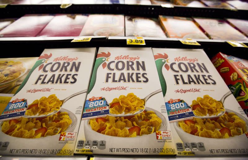 FILE PHOTO: Kellogg's Corn Flakes cereal is pictured at a Ralphs grocery store in Pasadena