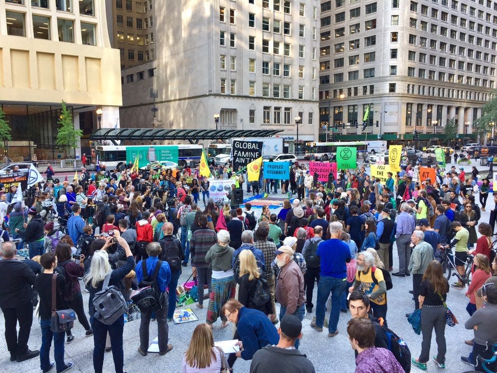 Climate protesters gather across from City Hall in Chicago, Illinois on Oct. 7, 2019.