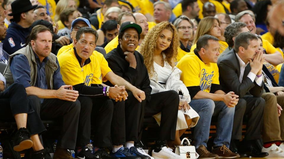 The two music superstars sat courtside for a NBA playoffs game on Saturday night.