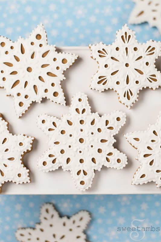 <p>SweetAmbs</p><p>A gorgeous cookie with icing that looks like real lace.</p><p><strong>Get the recipe: <a href="https://www.sweetambs.com/tutorial/eyelet-lace-gingerbread-snowflake-cookies/" rel="nofollow noopener" target="_blank" data-ylk="slk:Gingerbread Snowflake Cookie;elm:context_link;itc:0;sec:content-canvas" class="link ">Gingerbread Snowflake Cookie</a></strong></p>
