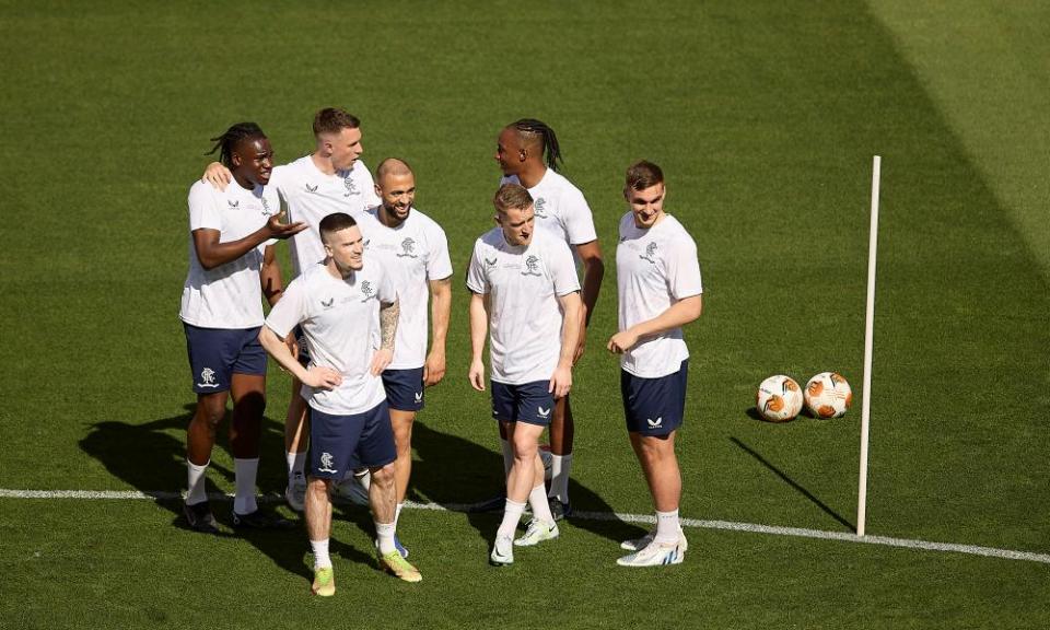 The Rangers players share a light-hearted moment on the the pitch at the Ramón Sánchez Pizjuán.