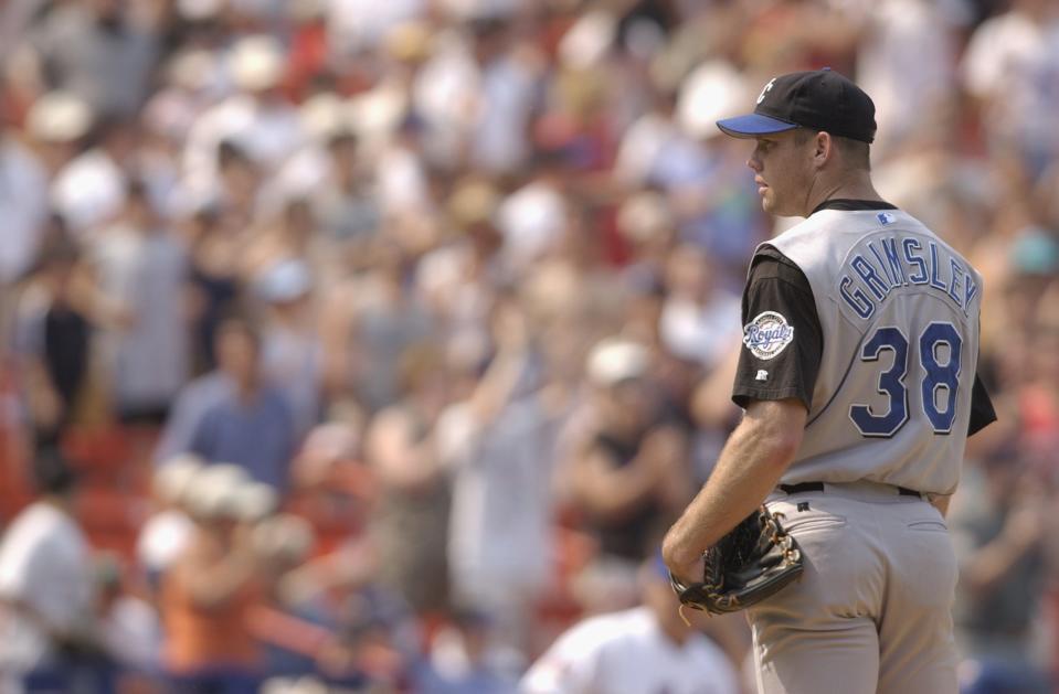 This file photo from June 23, 2002 shows Kansas City Royals pitcher Jason Grimsley standing on the mound during a game against the New York Mets at Shea Stadium in Flushing, New York.