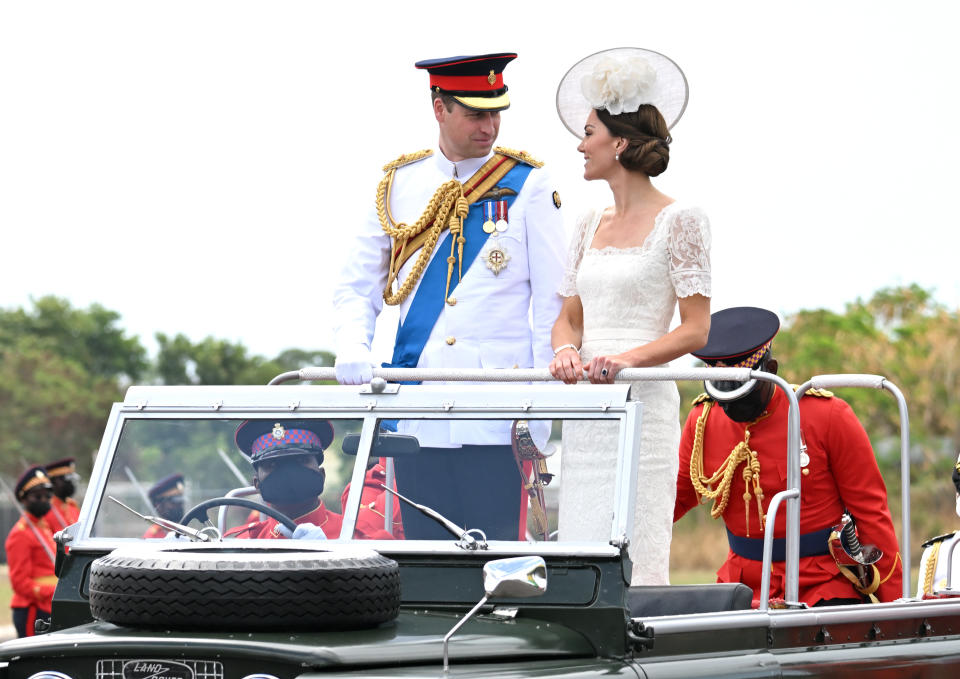 KINGSTON, JAMAICA - MARCH 24: Prince William, Duke of Cambridge and Catherine, Duchess of Cambridge attend the inaugural Commissioning Parade for service personnel from across the Caribbean who have recently completed the Caribbean Military Academy&#x002019;s Officer Training Programme at Jamaica Defence Force on March 24, 2022 in Kingston, Jamaica. (Photo by Karwai Tang/WireImage)