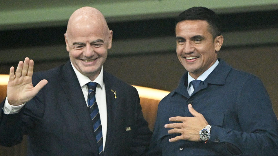 FIFA president Gianni Infantino and Socceroos legend Tim Cahill are seen here during the Women's World Cup in Australia. Pic: Getty