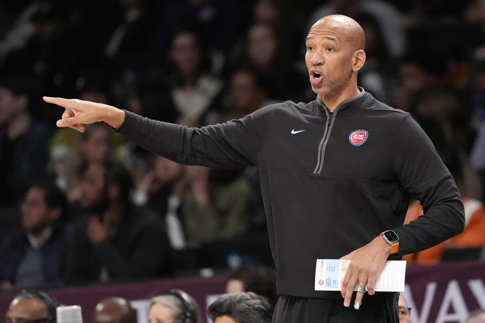 Detroit Pistons head coach Monty Williams reacts during the first half of an NBA basketball game against the Brooklyn Nets, Saturday, April 6, 2024, in New York. (AP Photo/Mary Altaffer)