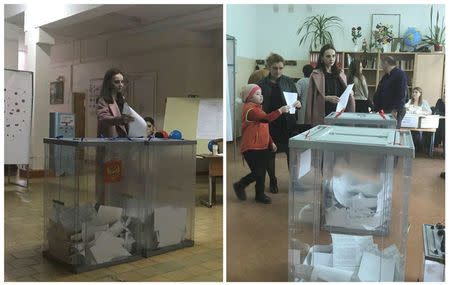 A combination picture shows a voter, casting a ballot at a polling station number 216 (L) and walking with a ballot at a polling station number 217, during the presidential election in Ust-Djeguta, Russia March 18, 2018. The voter, asked by a Reuters reporter to explain why she was voting multiple times, ignored the question and walked away. Pictures taken March 18, 2018. REUTERS/Staff
